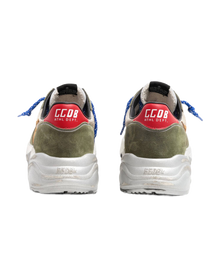 Men | Running Sole Sneakers Net & Suede Upper with Brown Star & Red Leather Heel | Beige x Light Green x Brown x Red
