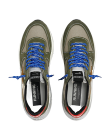 Men | Running Sole Sneakers Net & Suede Upper with Brown Star & Red Leather Heel | Beige x Light Green x Brown x Red