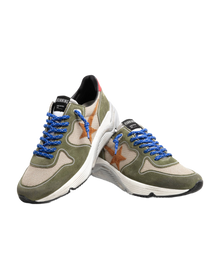 Men | Running Sole Sneakers Net & Suede Upper with Brown Star & Red Leather Heel | Beige x Light Green x Brown x Red