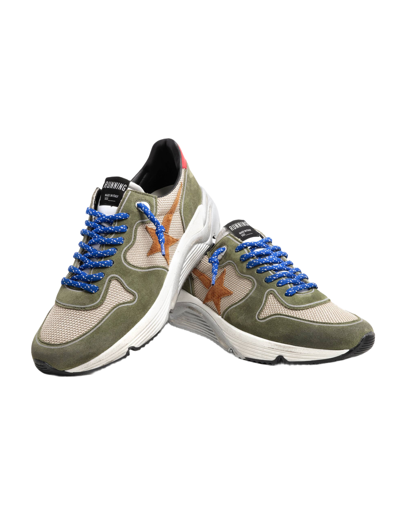 Men | Running Sole Sneakers Net & Suede Upper with Brown Star & Red Leather Heel | Beige x Light Green x Brown x Red