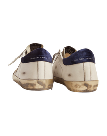 Men | Super-Star Sneakers with Midnight-Blue Corduroy Velvet Heel Tab | White x Ice x Gold x Night Blue