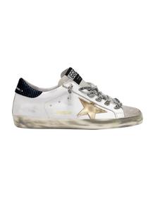 Men | Super-Star Sneakers with Midnight-Blue Corduroy Velvet Heel Tab | White x Ice x Gold x Night Blue