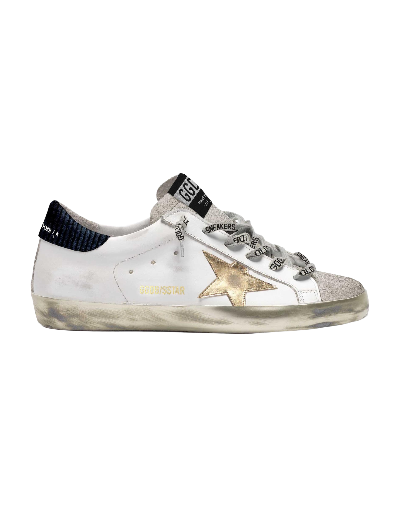 Men | Super-Star Sneakers with Midnight-Blue Corduroy Velvet Heel Tab | White x Ice x Gold x Night Blue
