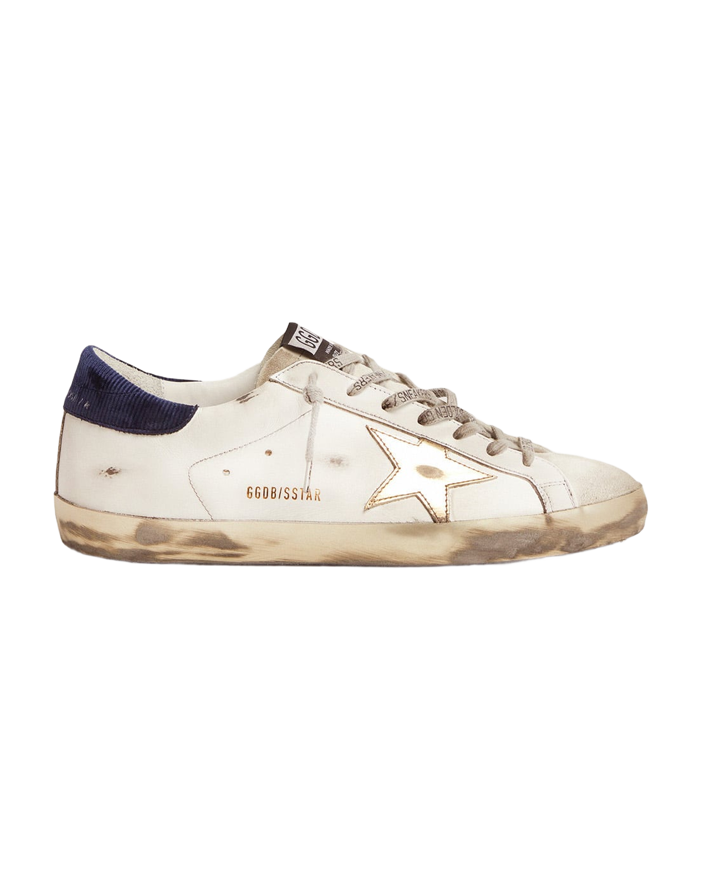 Men | Super-Star Sneakers with Midnight-Blue Corduroy Velvet Heel Tab | White x Ice x Gold x Night Blue