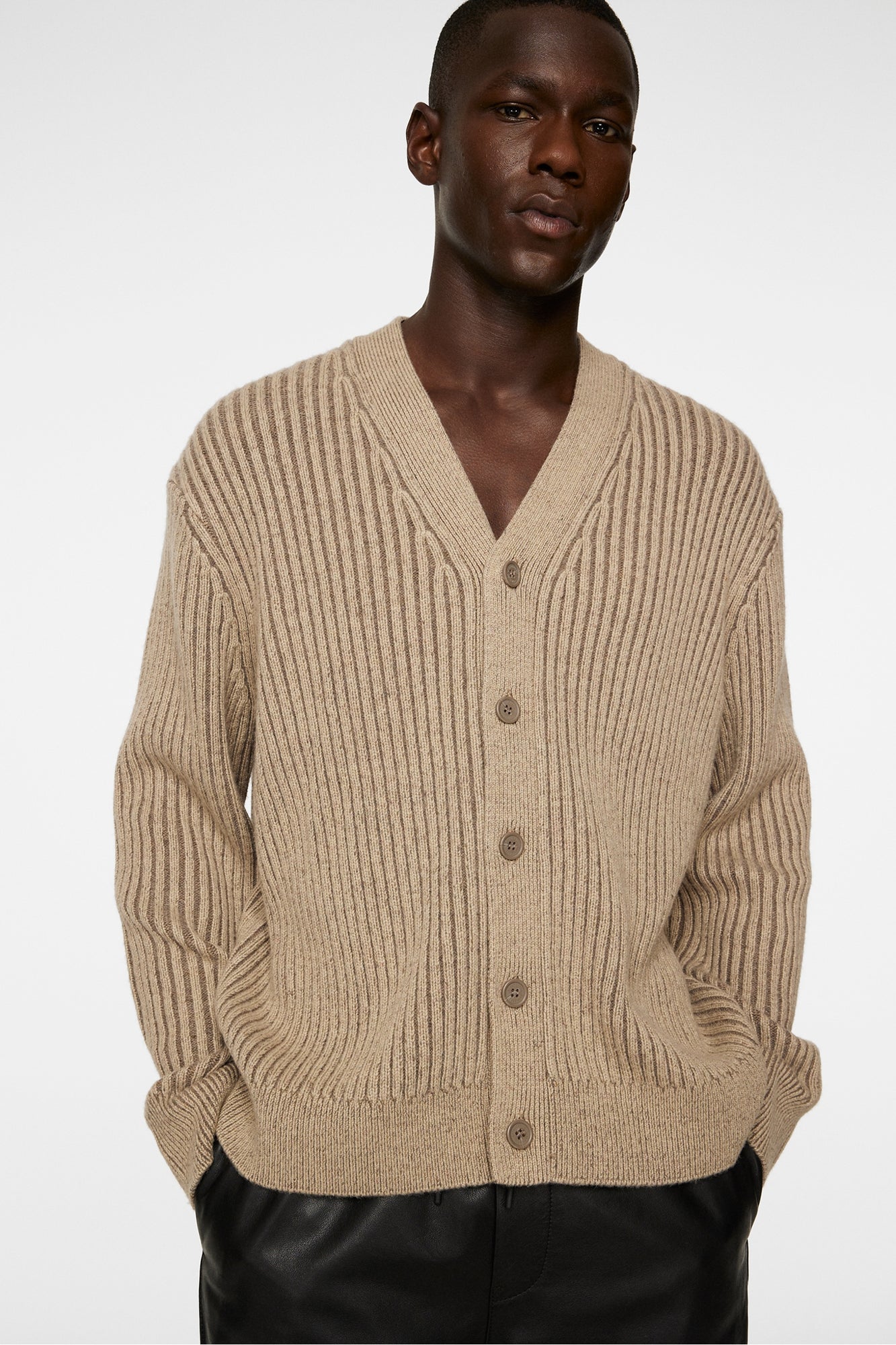 Men | Twin Plated Knit Cardigan | Tiger Brown