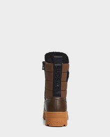 The REAGAN - 6222500 Army by Rudsak is a mens winter boot in brown with a black vertical strip and rear branding, padded upper, and tan rubber sole. Shown from behind on a plain white background.