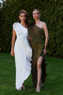 ONE33 SOCIAL | The Mercer Olive Pleated Ruffle Gown | Green