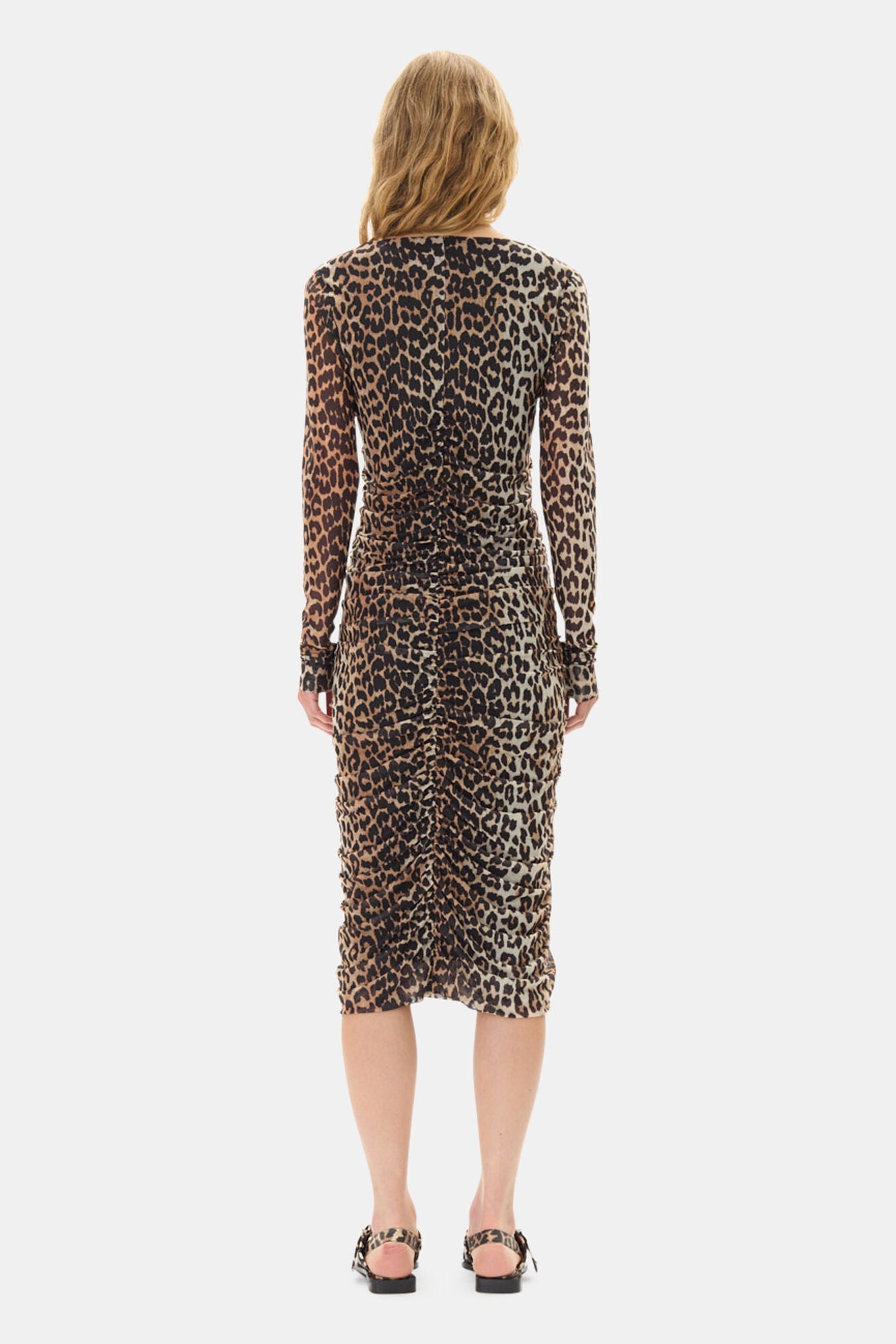 Mesh Printed Ruched Midi Dress | Leopard