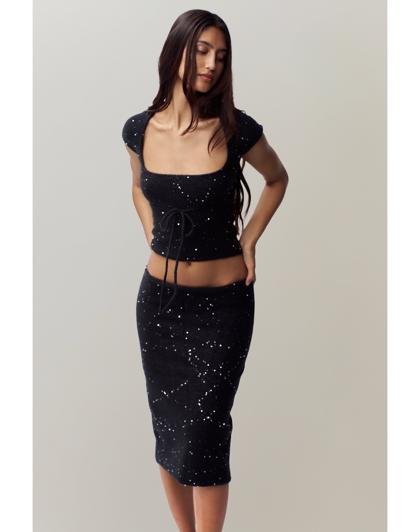 Miki Sequin Knit Midi Skirt | Black