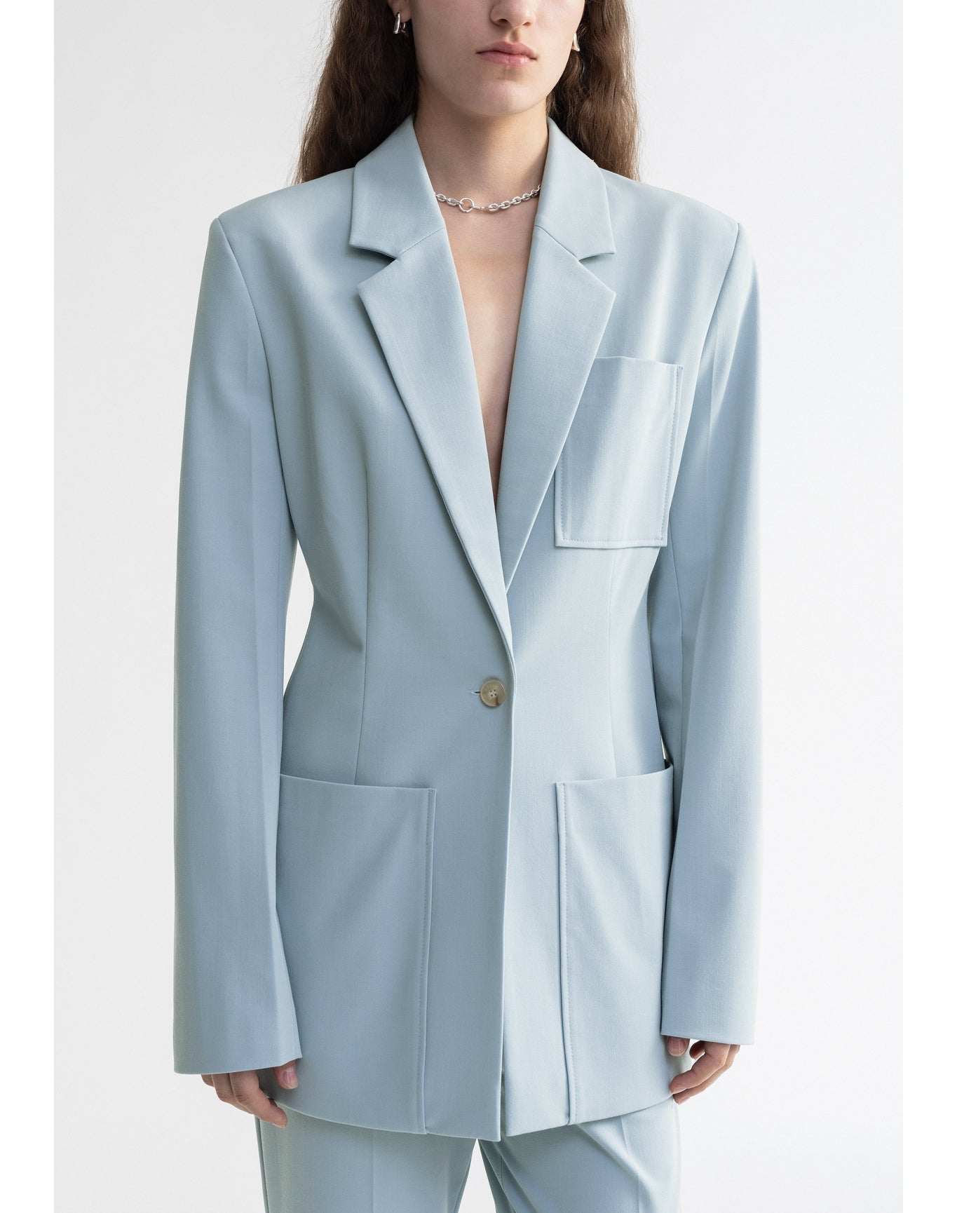 Mila | Waisted Blazer With Oversized Pockets | Ice Blue