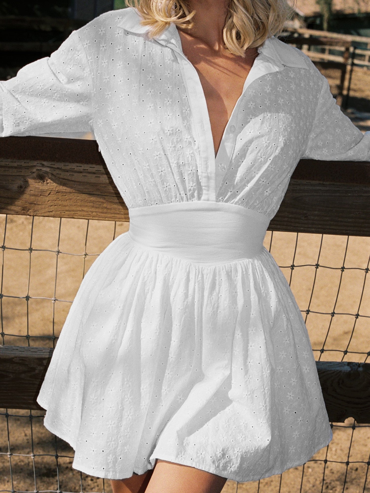 Miss Circle | Gabriella Cotton Eyelet Button Up Long Sleeve Shirt Dress