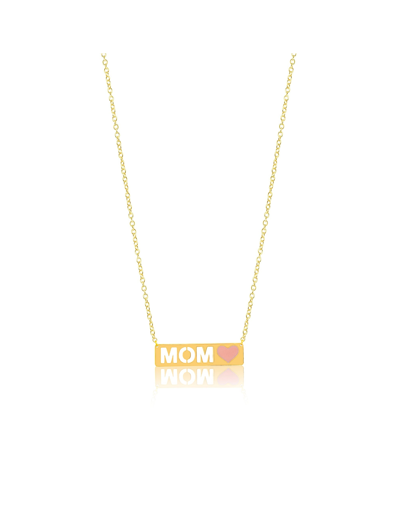 Mom Pink Enamel Heart Plate Necklace | Yellow Gold