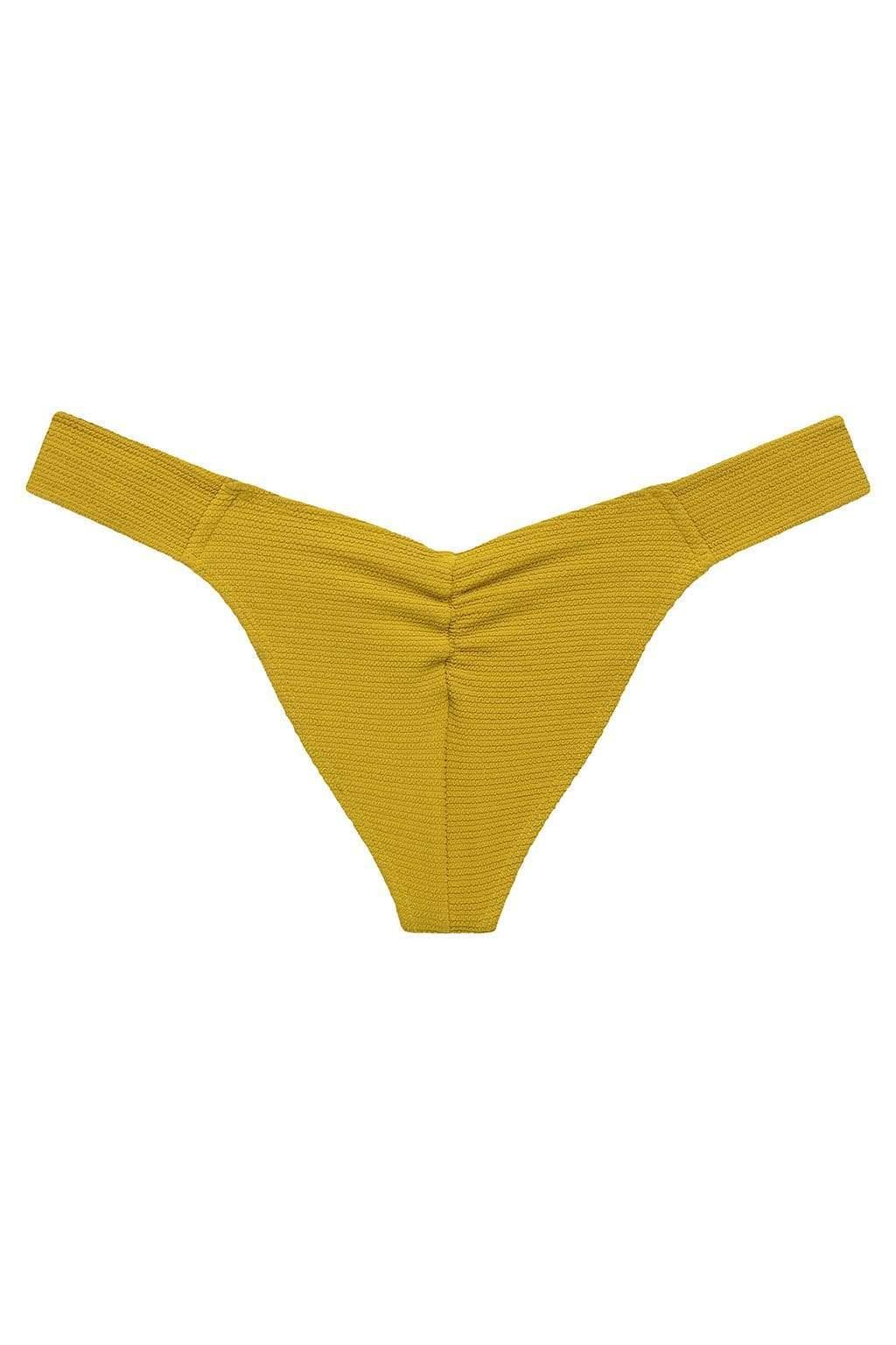 Key lime textured bikini bottom with scrunched sides and high-cut legs displayed flat.
