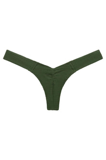 Olive green textured bikini bottom with scrunched sides and thin straps.