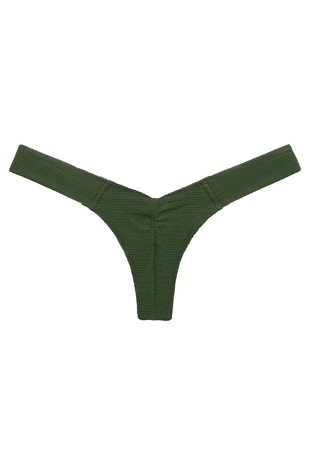 Olive green textured bikini bottom with scrunched sides and thin straps.