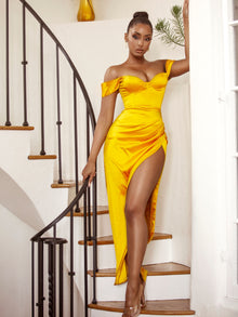 Zarah High Slit Corset Satin Dress | Yellow