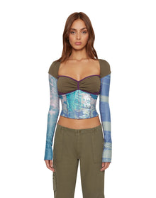 Multi Layered Bustier Print Long Sleeve Top | Olive