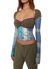 Multi Layered Bustier Print Long Sleeve Top | Olive