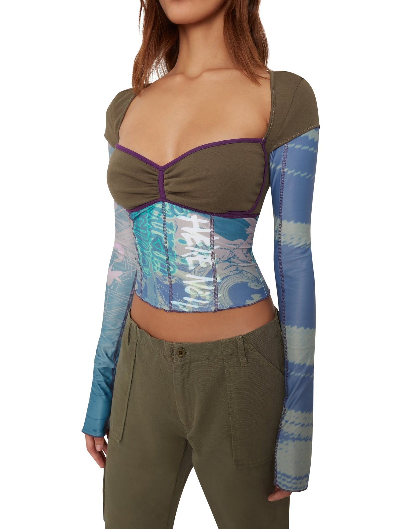 Multi Layered Bustier Print Long Sleeve Top | Olive