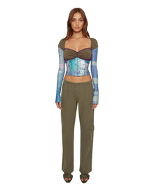 Multi Layered Bustier Print Long Sleeve Top | Olive