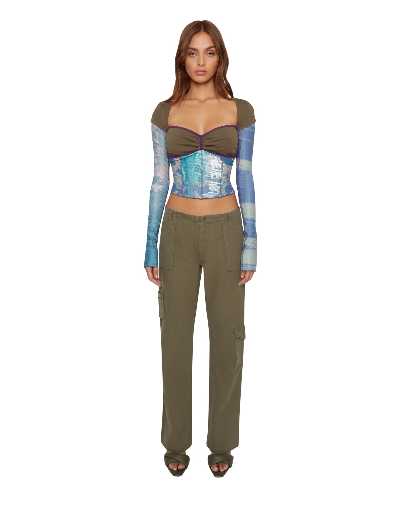 Multi Layered Bustier Print Long Sleeve Top | Olive