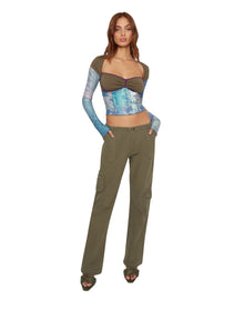 Multi Layered Bustier Print Long Sleeve Top | Olive