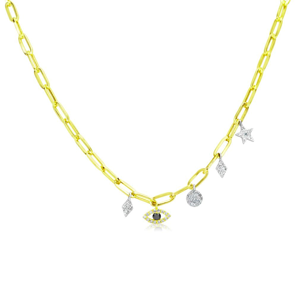 Evil Eye Diamond Paperclip Necklace | Yellow Gold