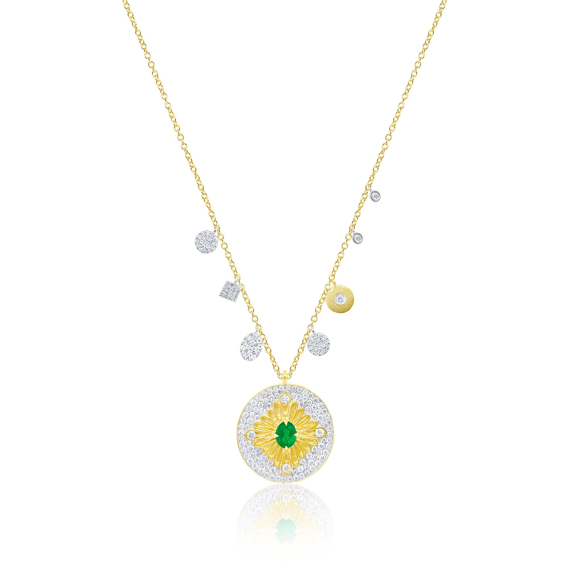 Yellow Gold Emerald Diamond Disc Charm Necklace | Yellow Gold