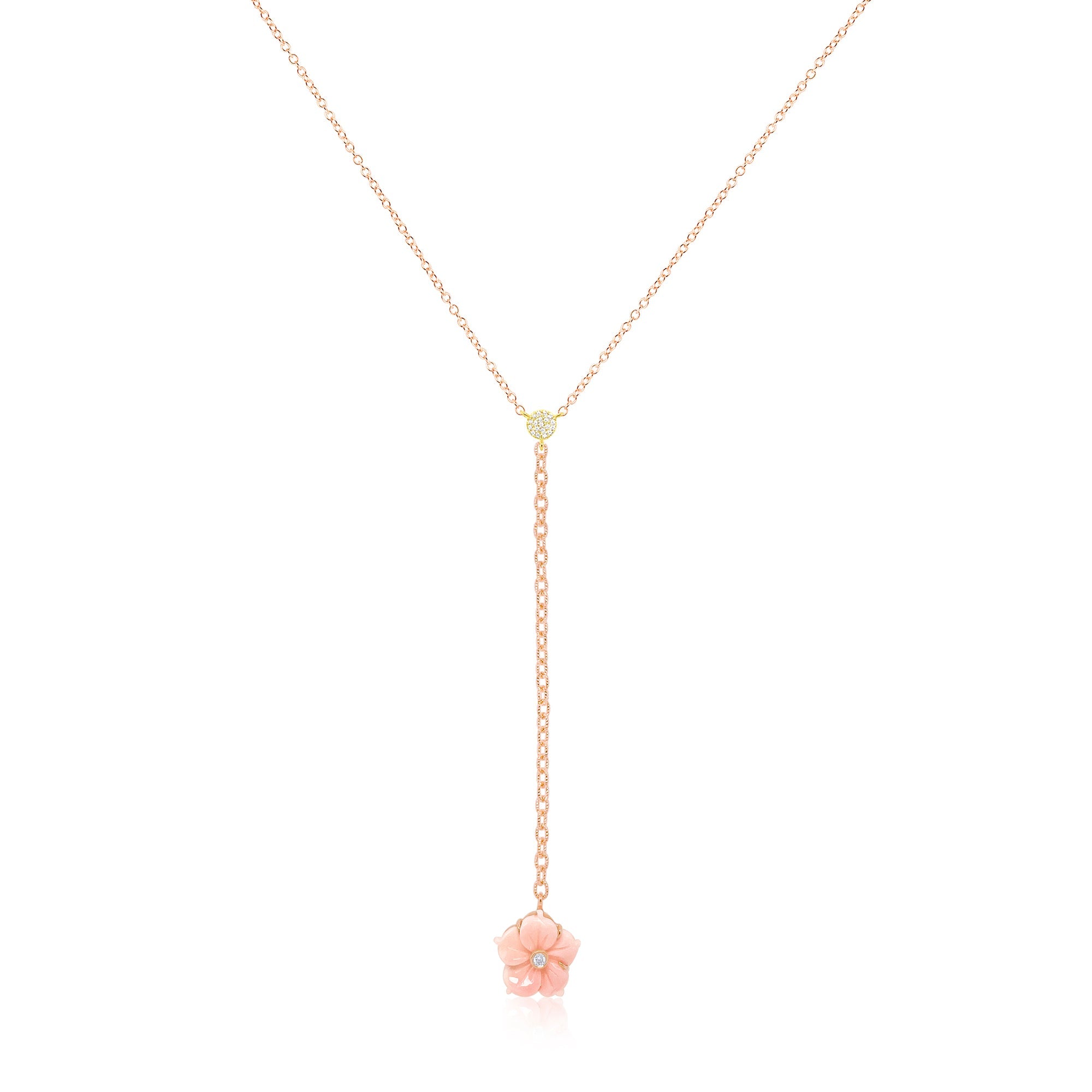 14Kt Rose Gold Lariat Pink Shell Flower Diamond Necklace | Rose Gold