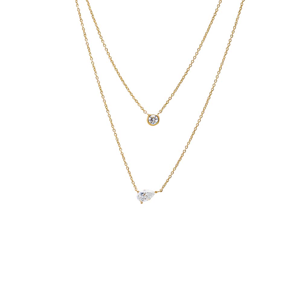 14K Gold Lab Grown Diamond Double Layer Pear & Bezel Necklace 14K - Adina's Jewels