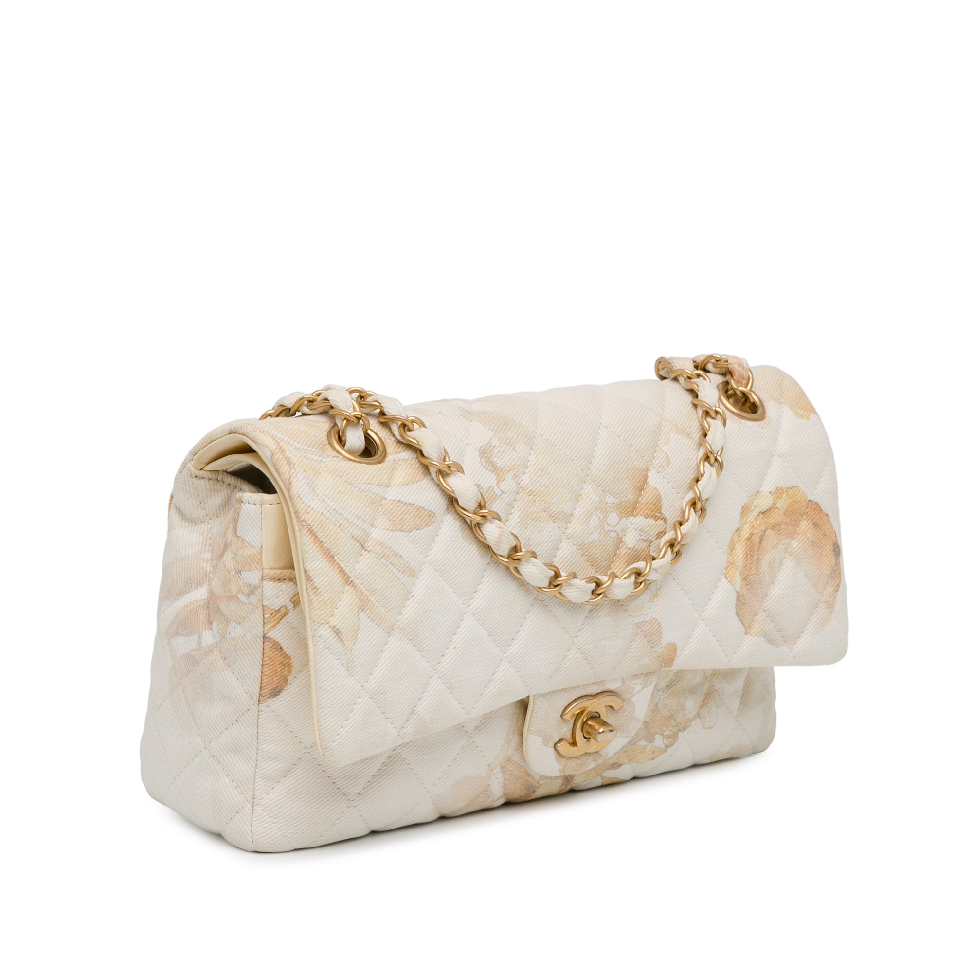 Chanel | Pre-Owned Medium Classic Printed Denim Floral Double Flap | Brown/Light Beige