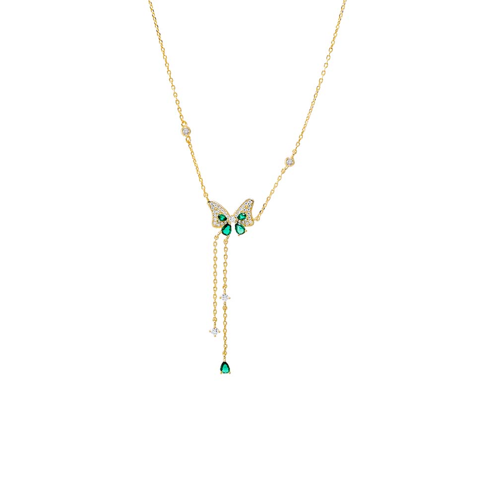 Emerald Green Colored Pave Butterfly CZ Station Lariat Necklace - Adina's Jewels