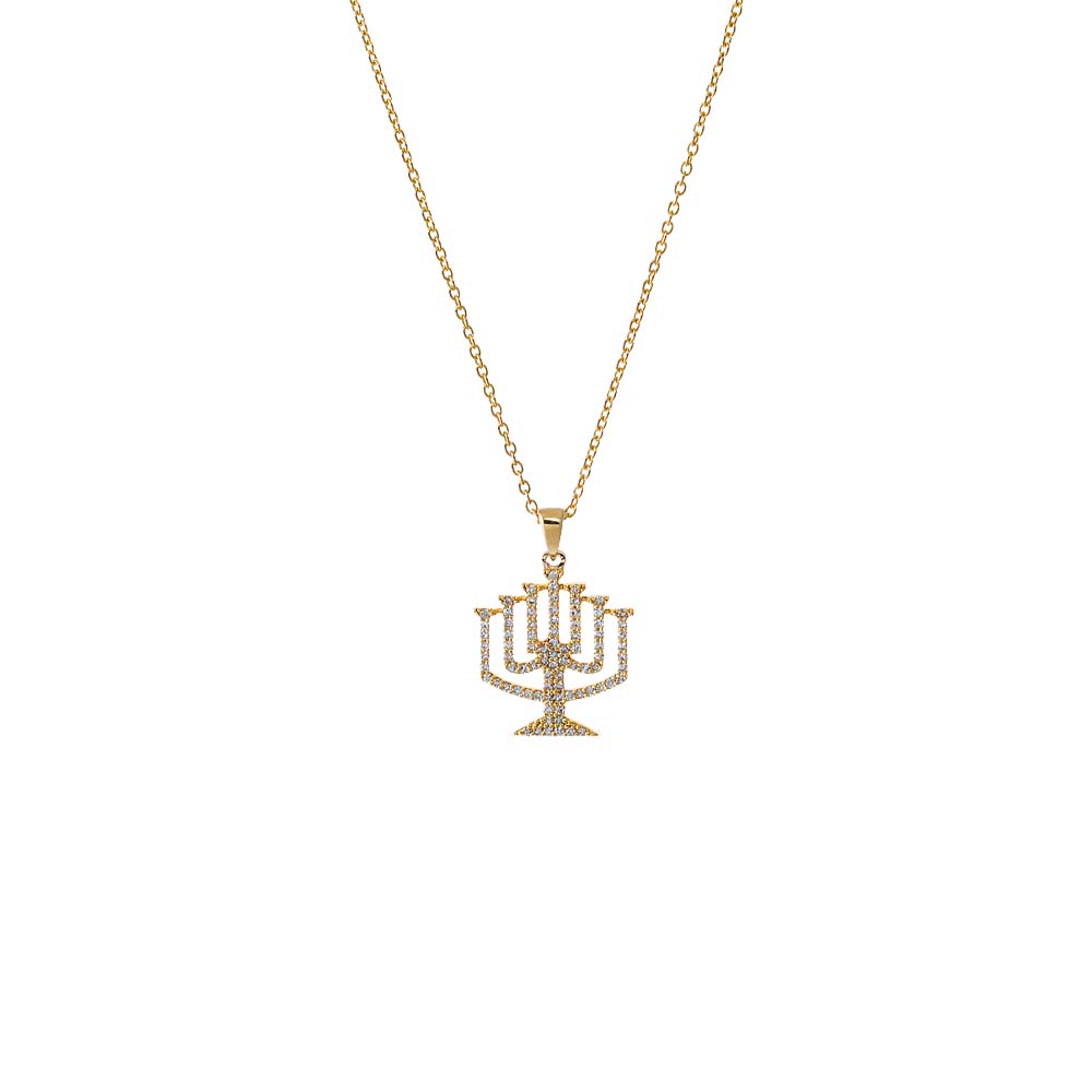 14K Gold Diamond Menorah Pendant Necklace 14K - Adina's Jewels