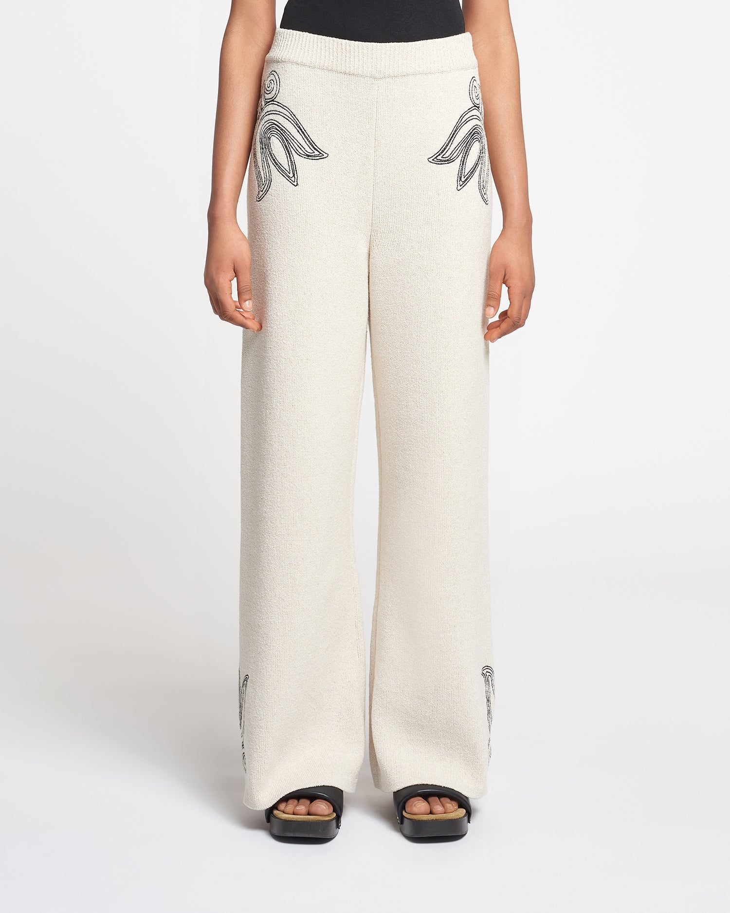 Emmie Embroidered Textured-Linen Pants | Natural/Black