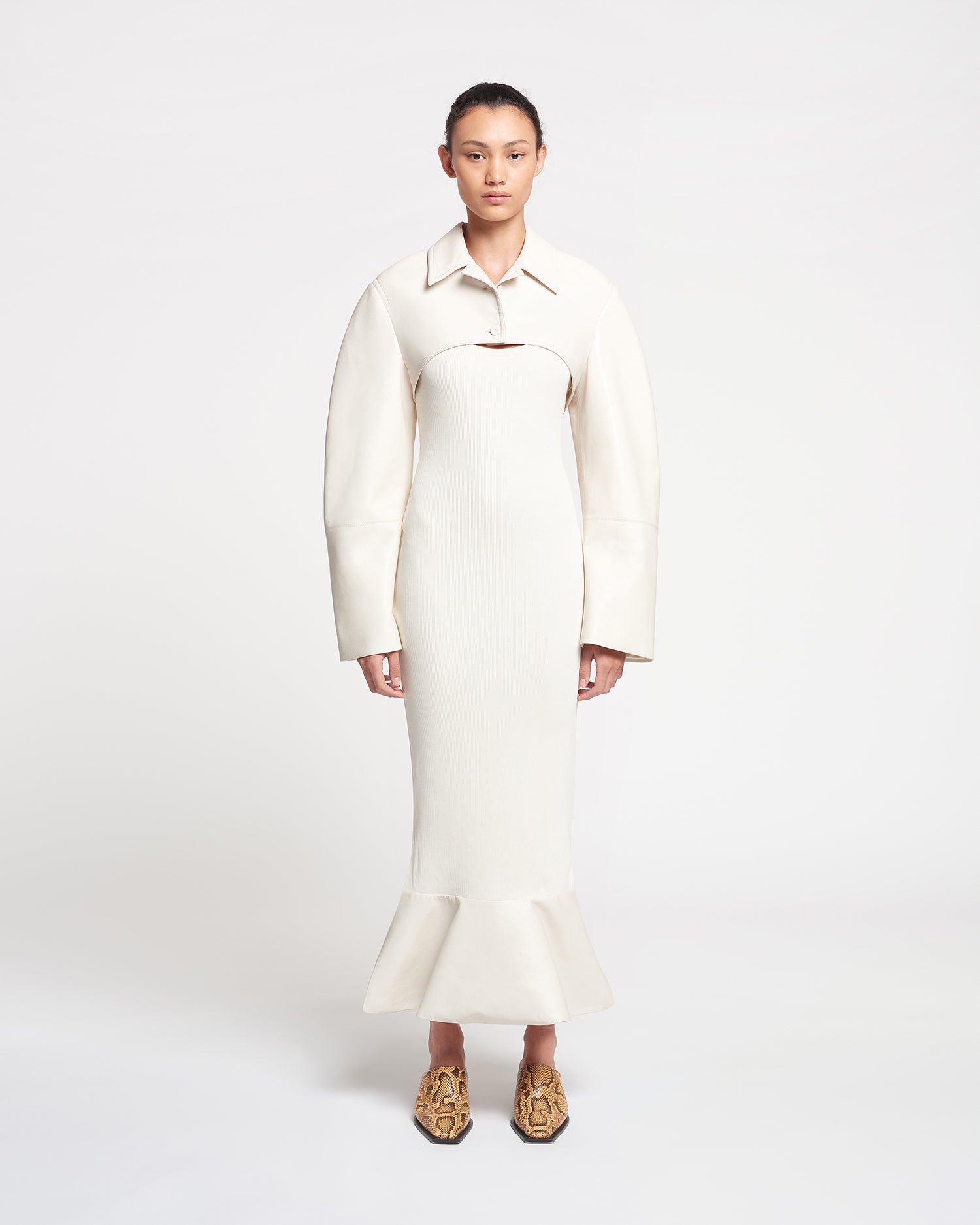 Womens | Talulla Leather-Trimmed Ribbed-Jersey Midi Dress | Creme