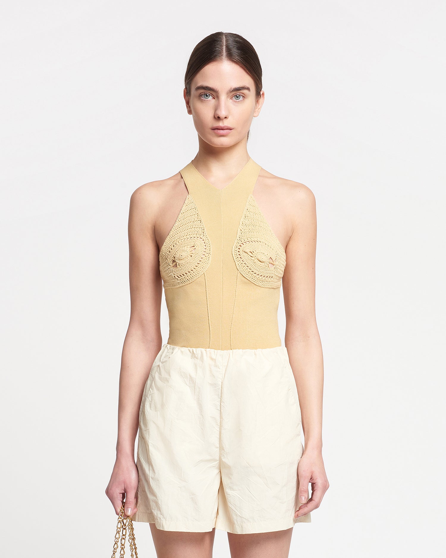 Carmine Crocheted Ribbed-Knit Top | Sun Yellow