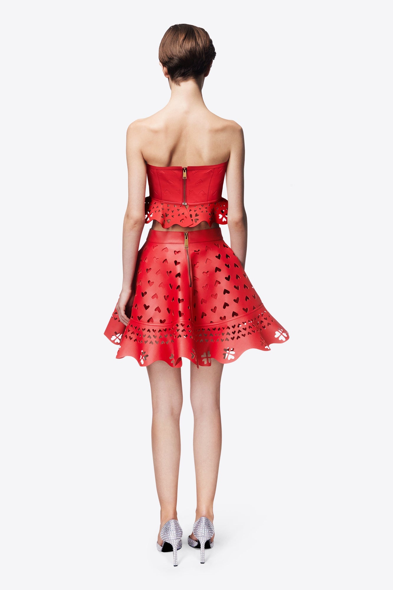 Laser-Cut Leather Heart Mini Skirt | Red
