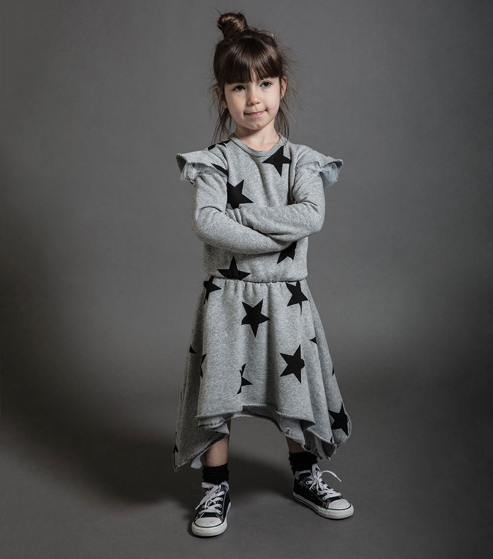 Kid | Ruffled Sleeve Star Dress | Black