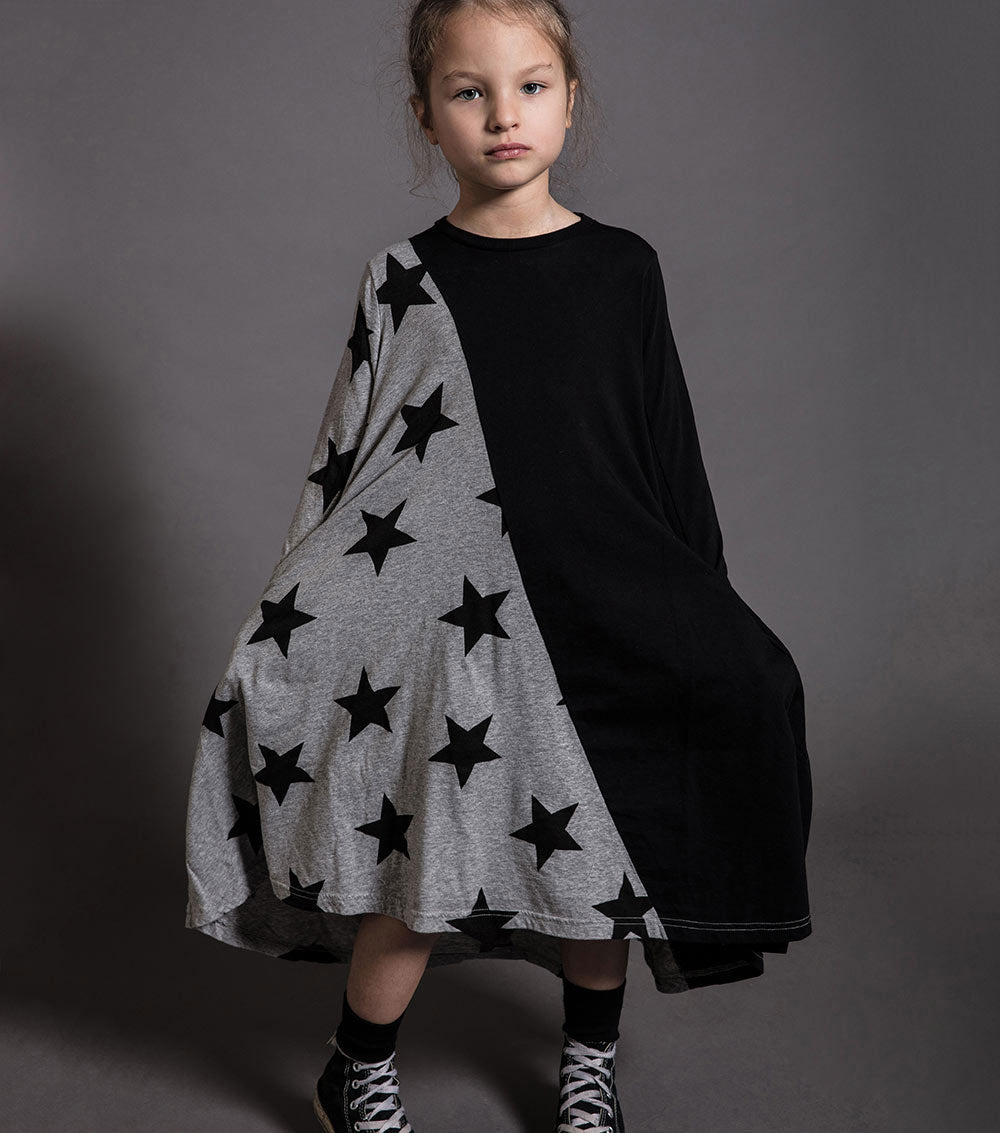 Kid | Half & Half Star 360 Dress | Black x Heather Grey