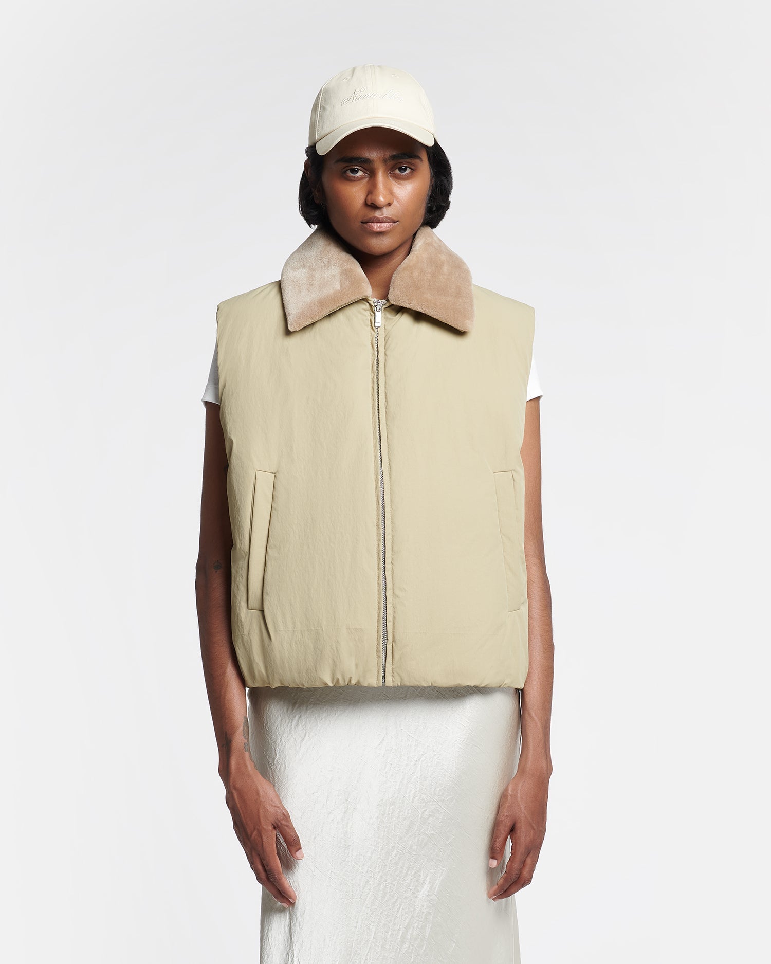 Unisex | Mexim Faux Fur and Tech Nylon Vest | Sage/ Beige