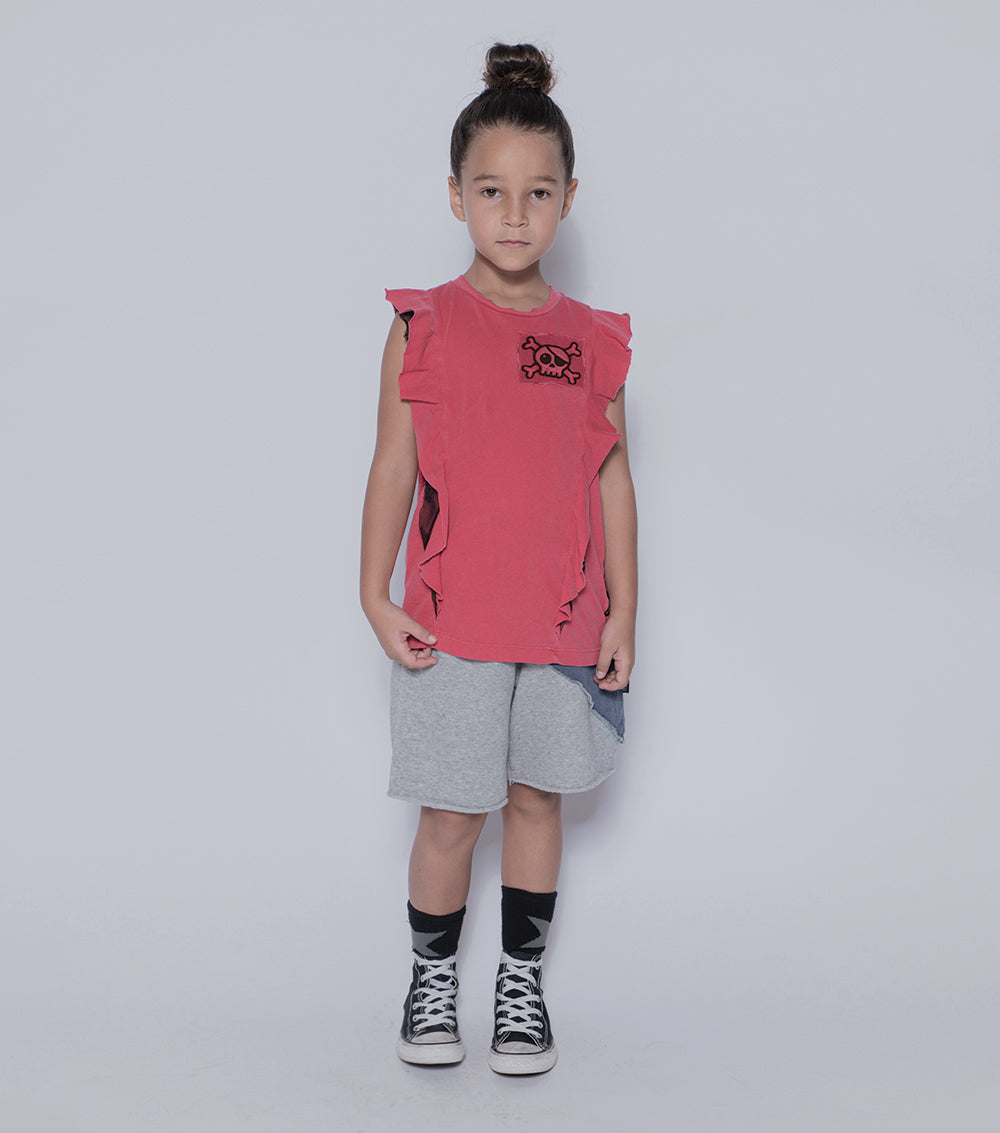 Kid | Skull Patch Ruffled Shirt | Vintage Red