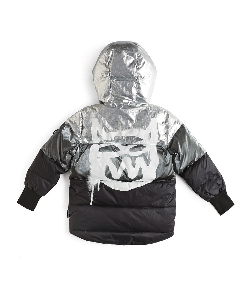 Kid | Trio Mischief Cat Down Jacket | Black x Silver