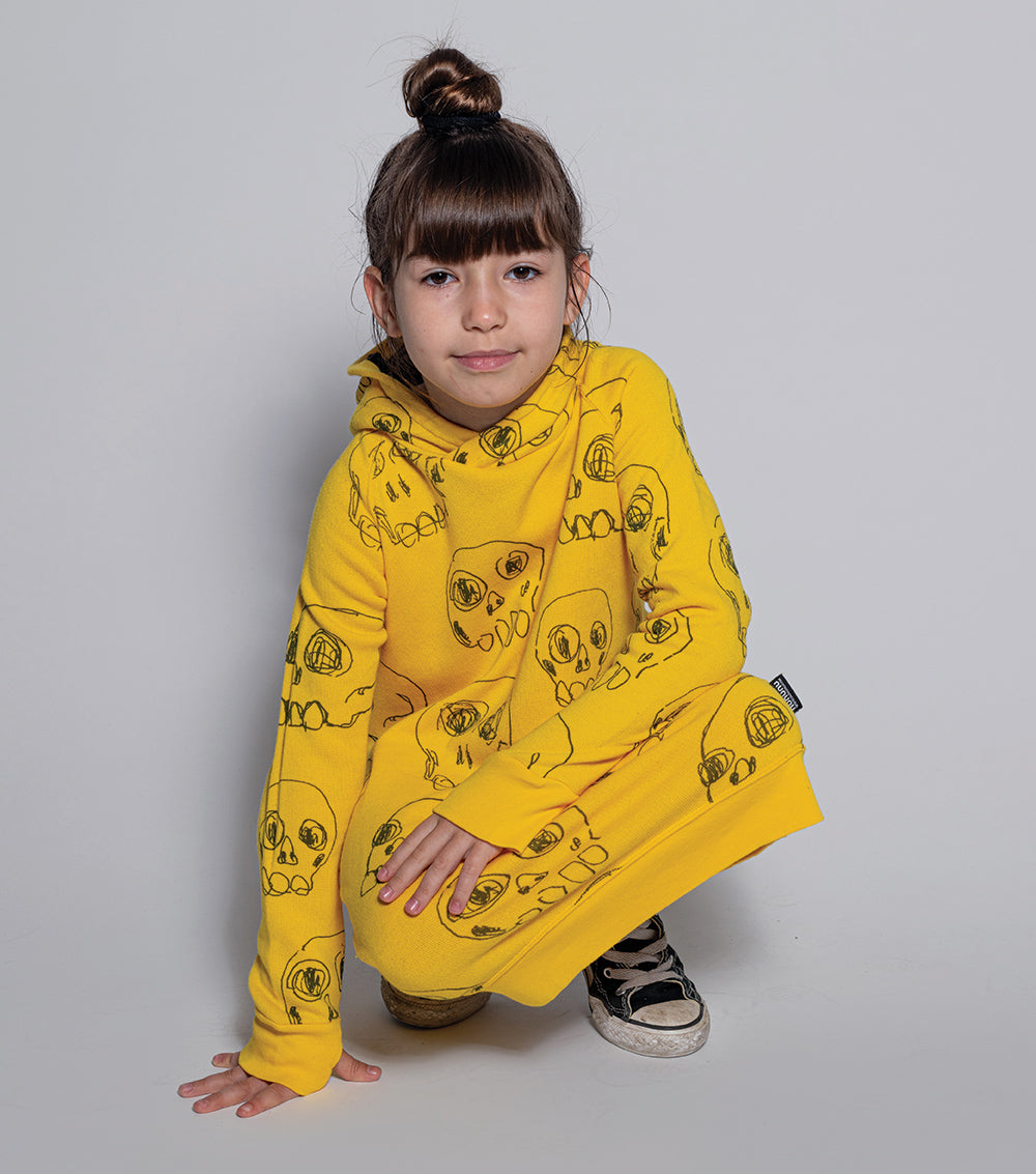 Kid | Hooded Scribbled Skulls A Dress | Yellow