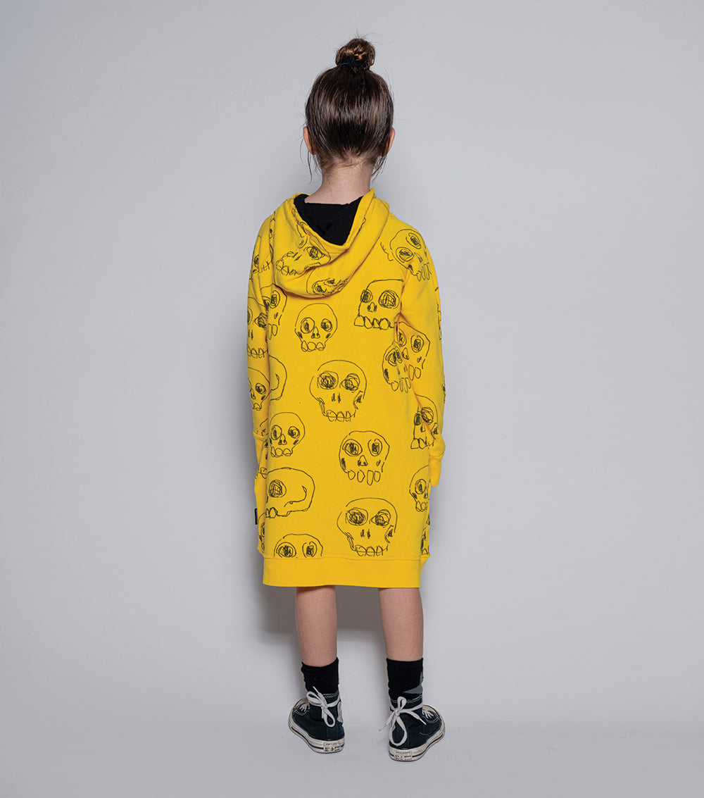Kid | Hooded Scribbled Skulls A Dress | Yellow