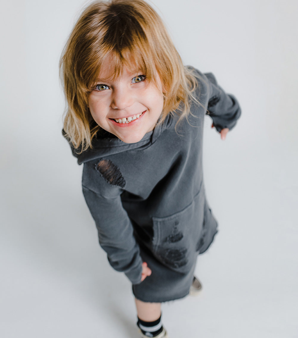 Kid | Deconstructed Hooded Dress | Dyed Graphite