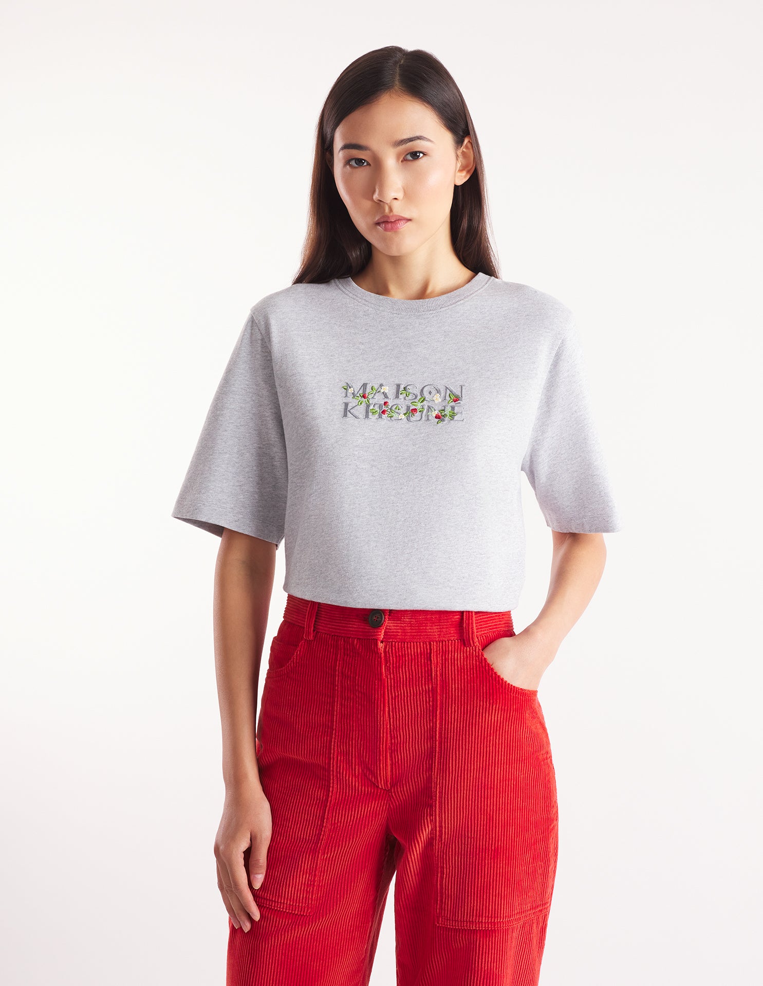 Womens | Maison Kitsune | Strawberry Leaf Short-Sleeve Comfort Cotton Tee-Shirt | Light Grey Melange