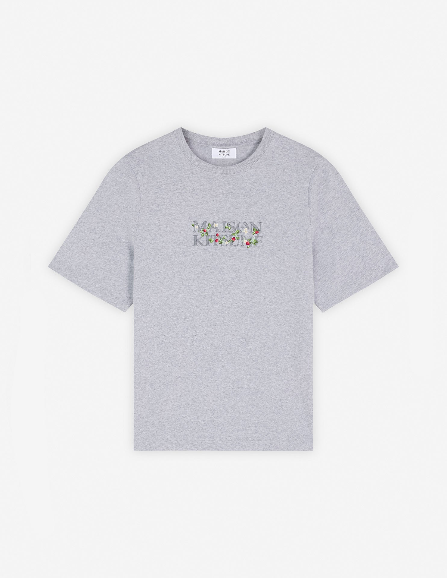 Womens | Maison Kitsune | Strawberry Leaf Short-Sleeve Comfort Cotton Tee-Shirt | Light Grey Melange