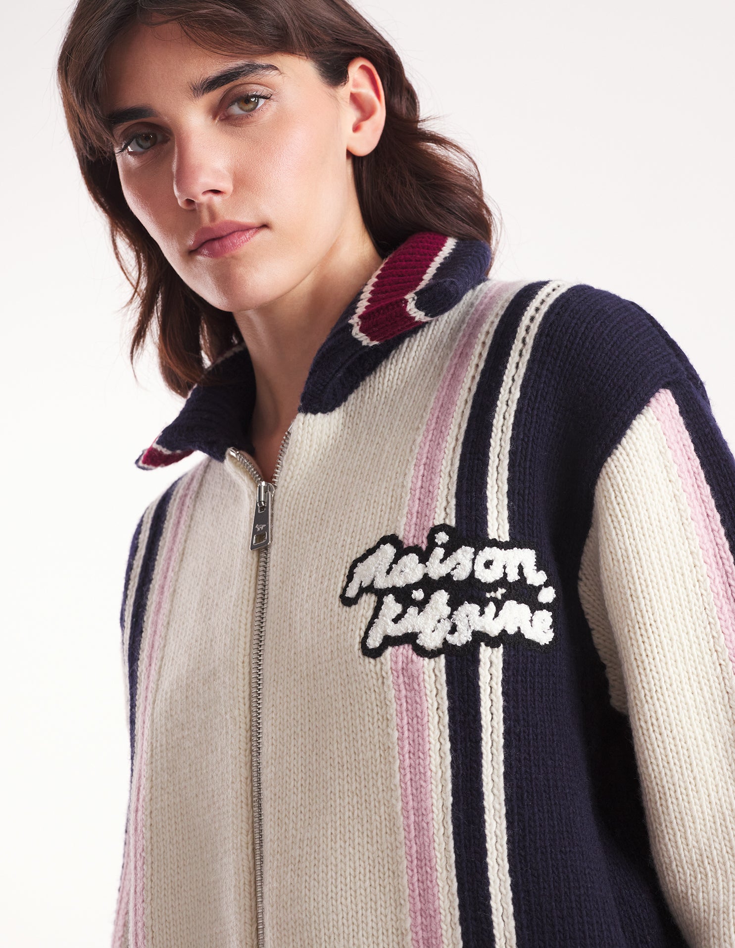 Womens | Zipped Intarsia Knitted College Blouson | Ecru/Ink Blue/Winterberry