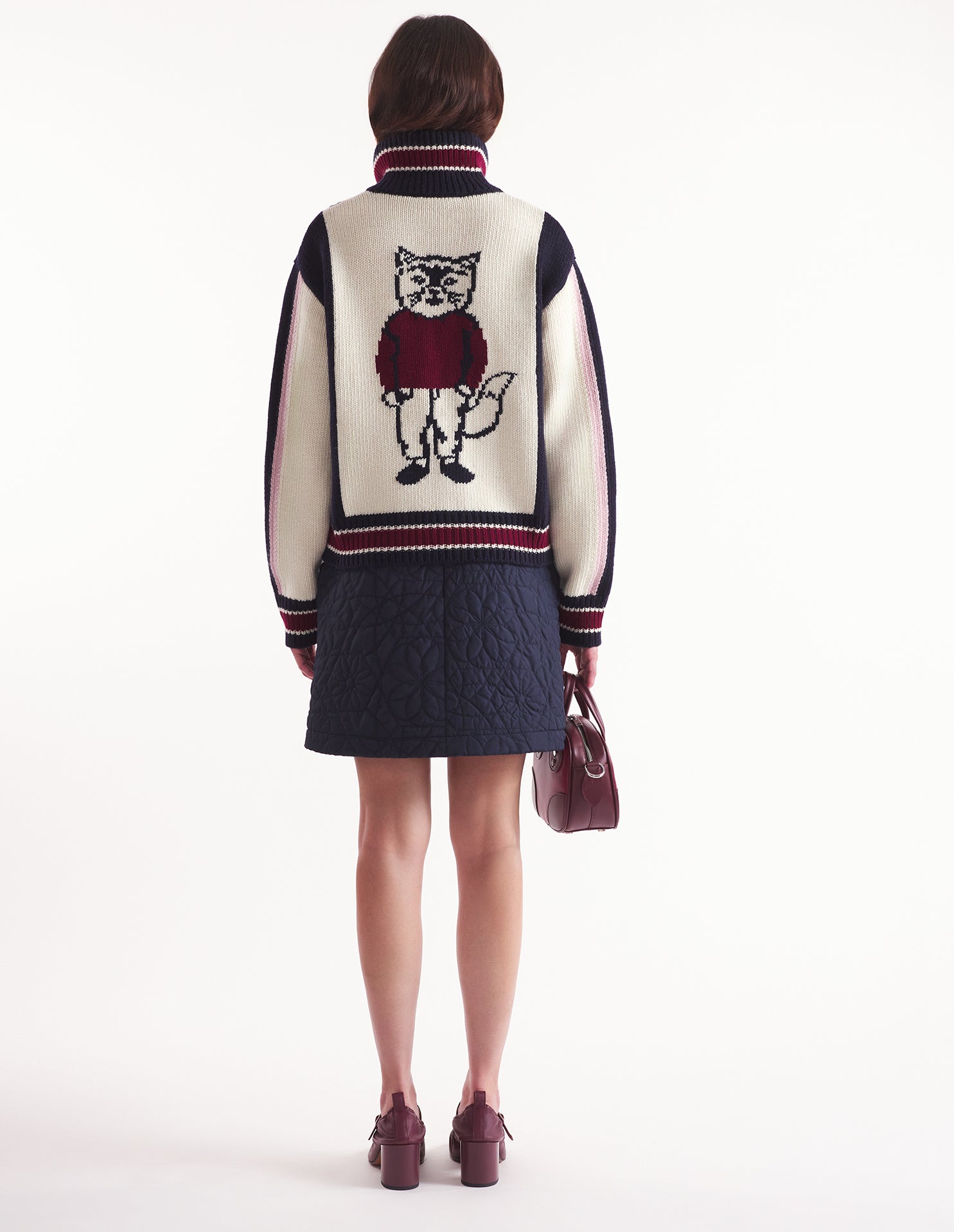 Womens | Zipped Intarsia Knitted College Blouson | Ecru/Ink Blue/Winterberry