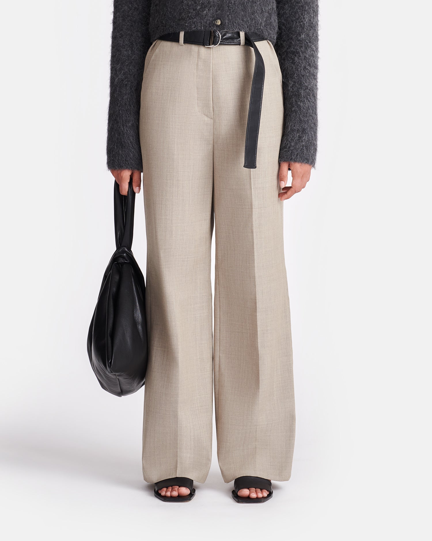 Ulani Leather And Twill Suiting Wide-Leg Pants | Taupe/Black